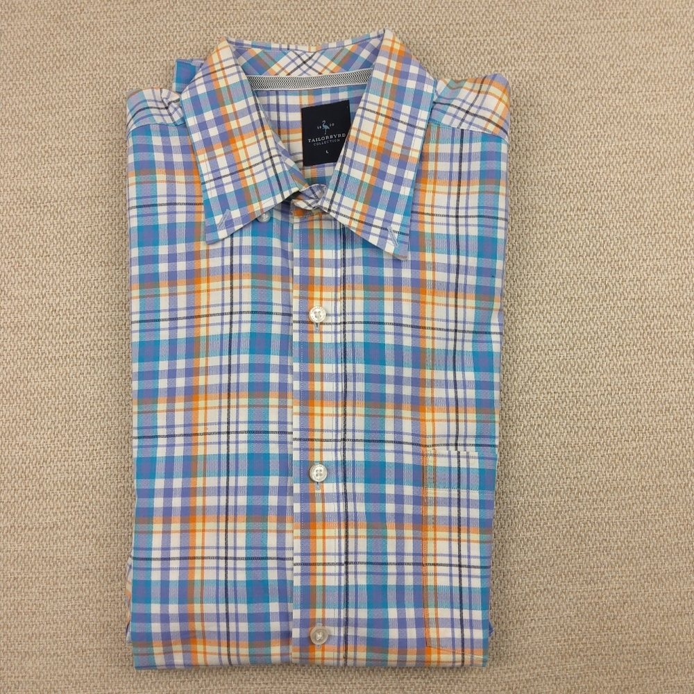 Tailorbyrd Plaid Cotton Stretch Long Sleeve Shirt, Blue/Orange/Green, Size‎ L